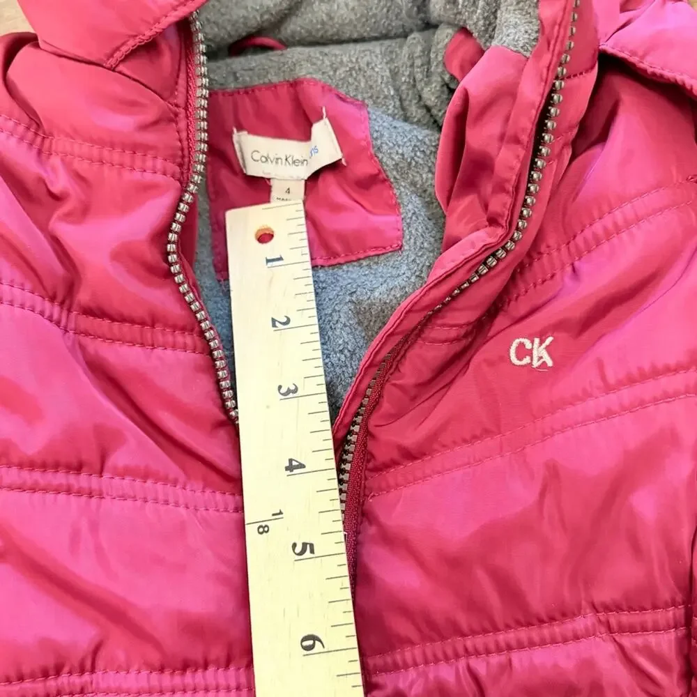girls 4T Pink Puffer Jacket mid-length faux fur trim hood Calvin Klein